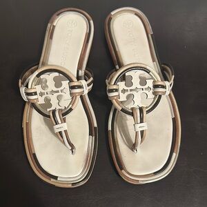 Tory Burch Brown and White Sandals with Iconic Medallion